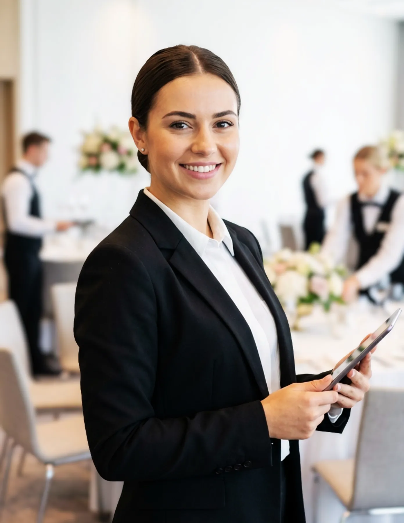 female-event-manager-tablet-staff-setting-tables-hmg-plus. A female event manager in a black blazer holding a tablet and smiling while staff set tables in the background.
