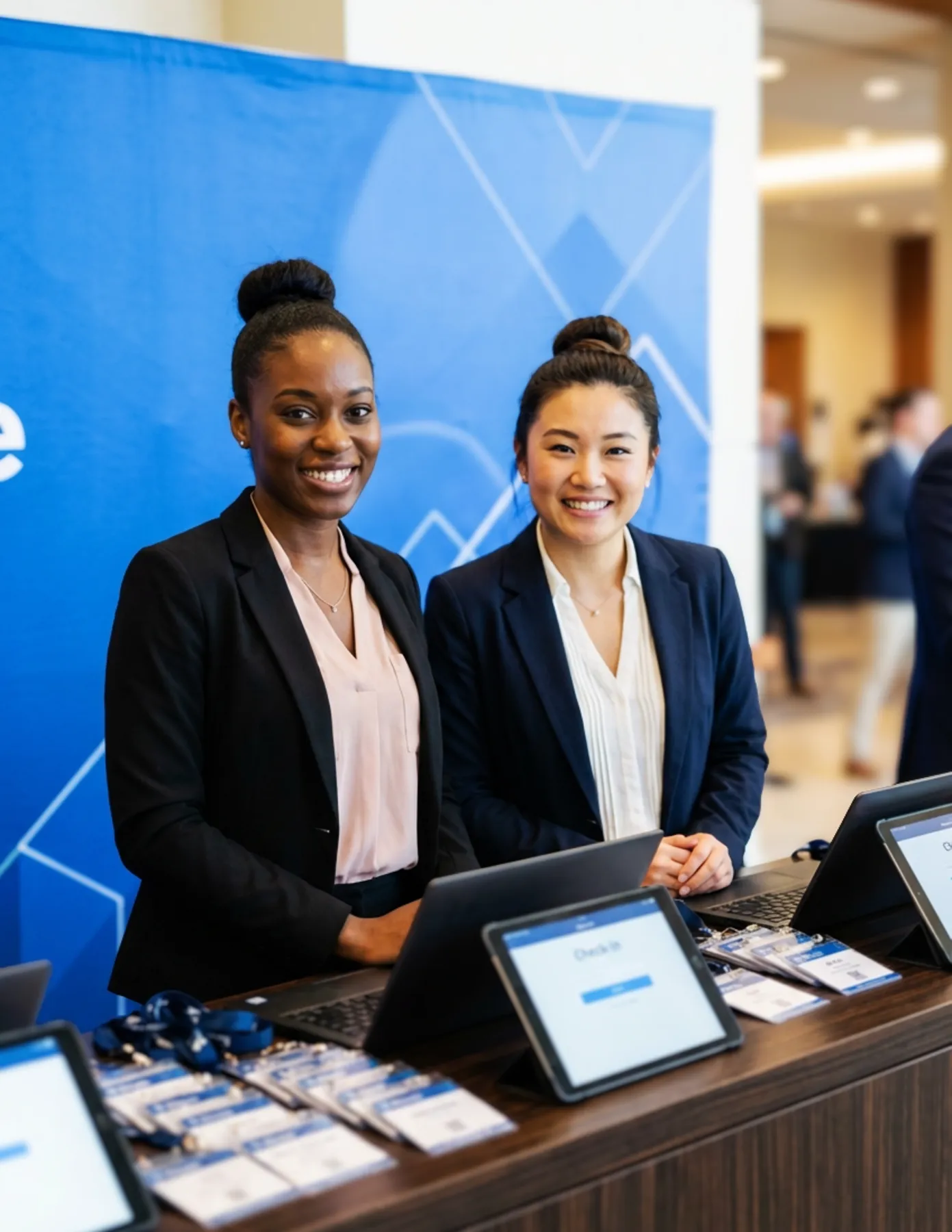event-registration-staff-check-in-table-conference-hmg-plus. Two event registration staff members smiling behind a check-in desk with tablets and name badges at a professional conference
