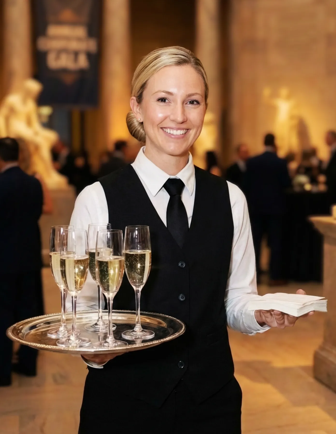event-server-champagne-tray-gala-hmg-plus. Professional event server holding a tray of champagne glasses and napkins at an elegant indoor reception venue