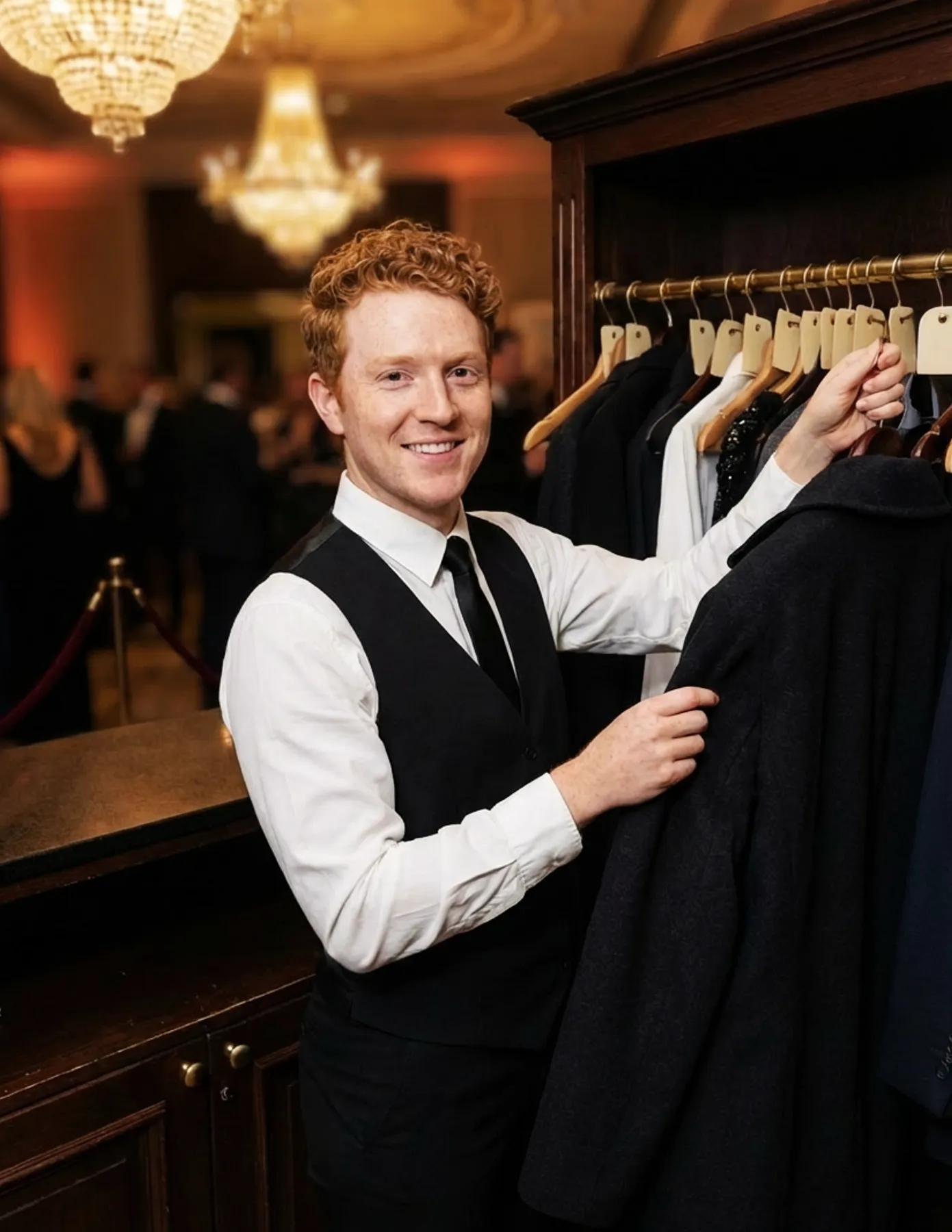 coat-check-attendant-garment-rack-formal-gala-hmg-plus. Coat check staff member organizing guest coats at a staffed coat check area inside an elegant event venue