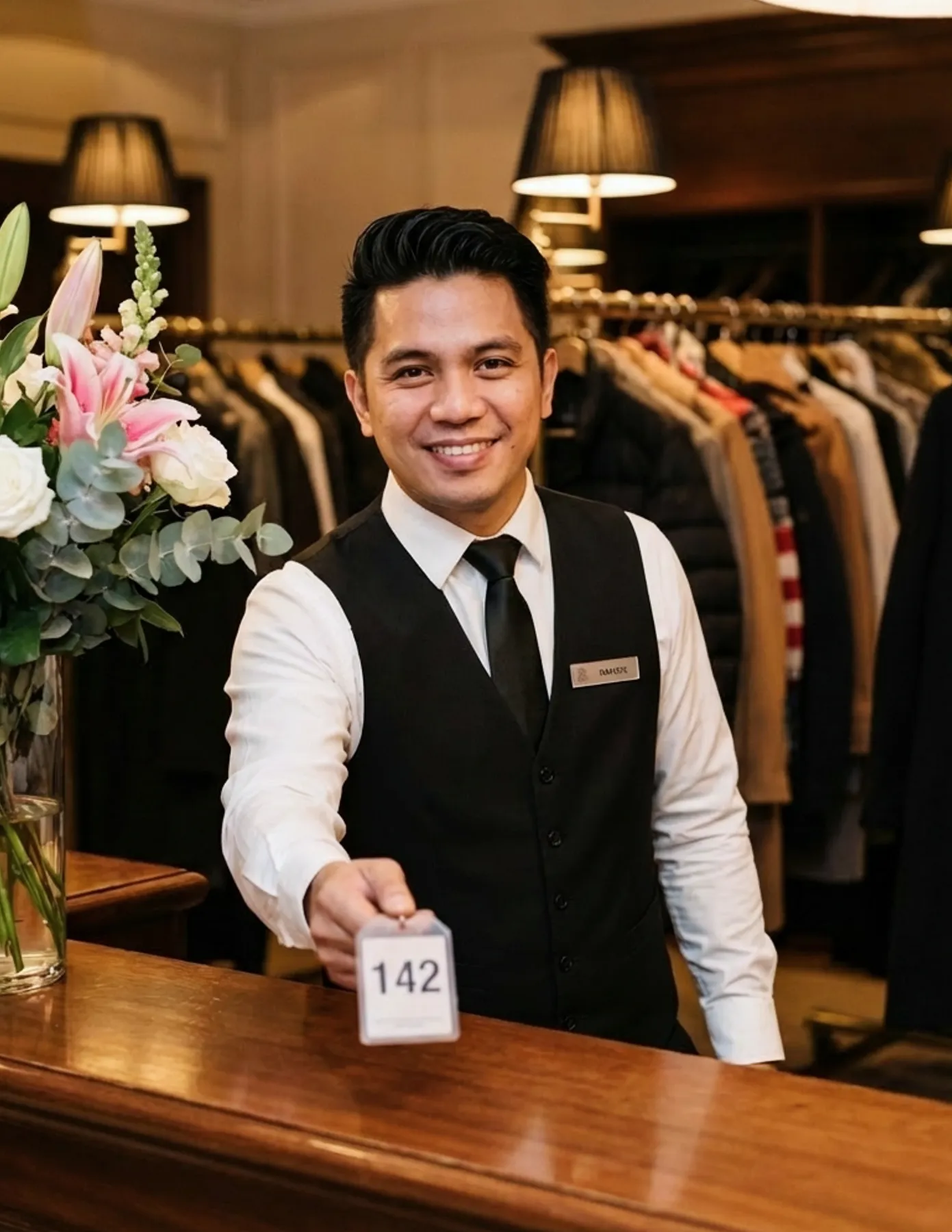 coat-check-attendant-claim-ticket-hospitality-hmg-plus. Event staff member holding a numbered coat check ticket while assisting a guest at a staffed check-in counter