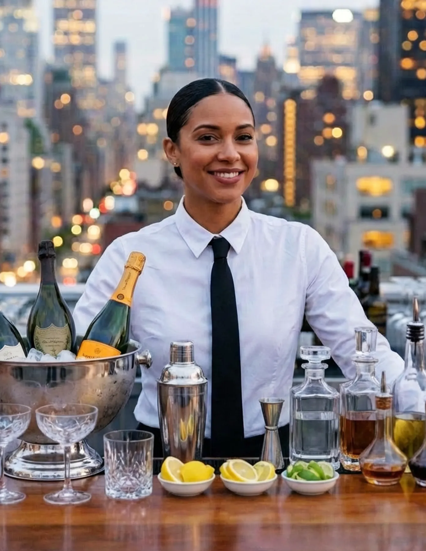 female-bartender-rooftop-bar-nyc-skyline-champagne-hmg-plus. Professional bartender standing behind a rooftop bar with champagne, cocktail shaker, and city skyline in the background