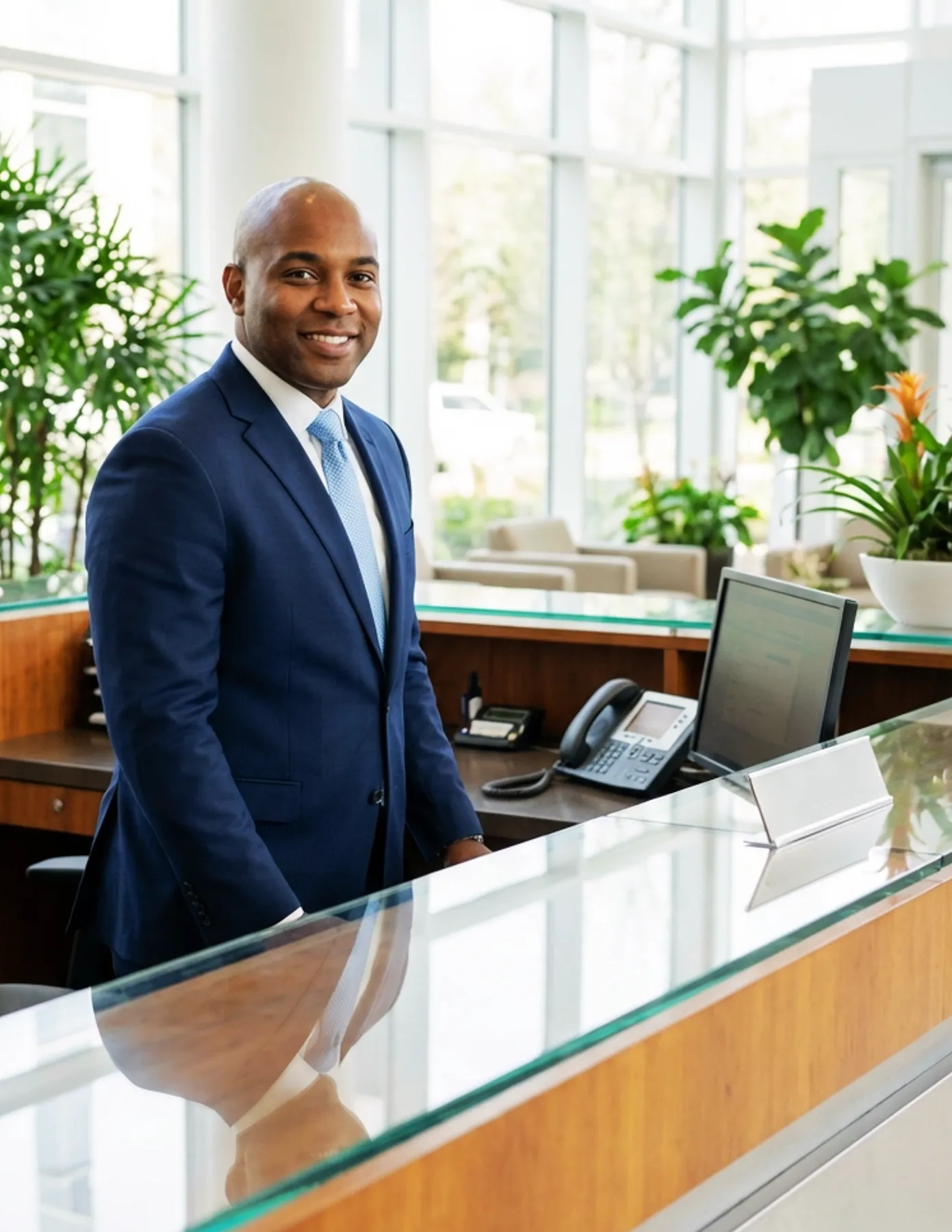 male-hospitality-professional-glass-reception-desk-lobby-hmg-plus. Professional receptionist in a blue suit standing behind a modern office front desk and smiling at visitors