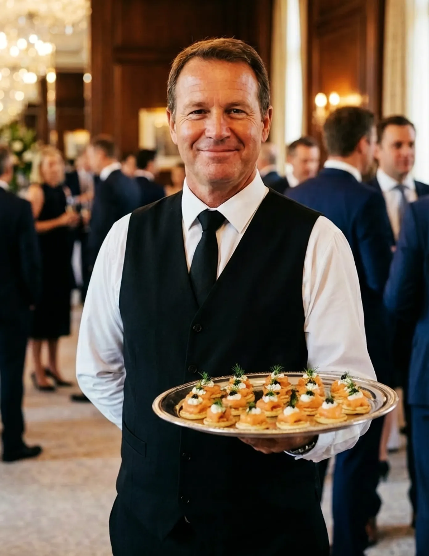 male-event-server-smoked-salmon-canape-tray-formal-reception-hmg-plus. A smiling male event server holding a silver tray of smoked salmon canapés at a formal cocktail reception.