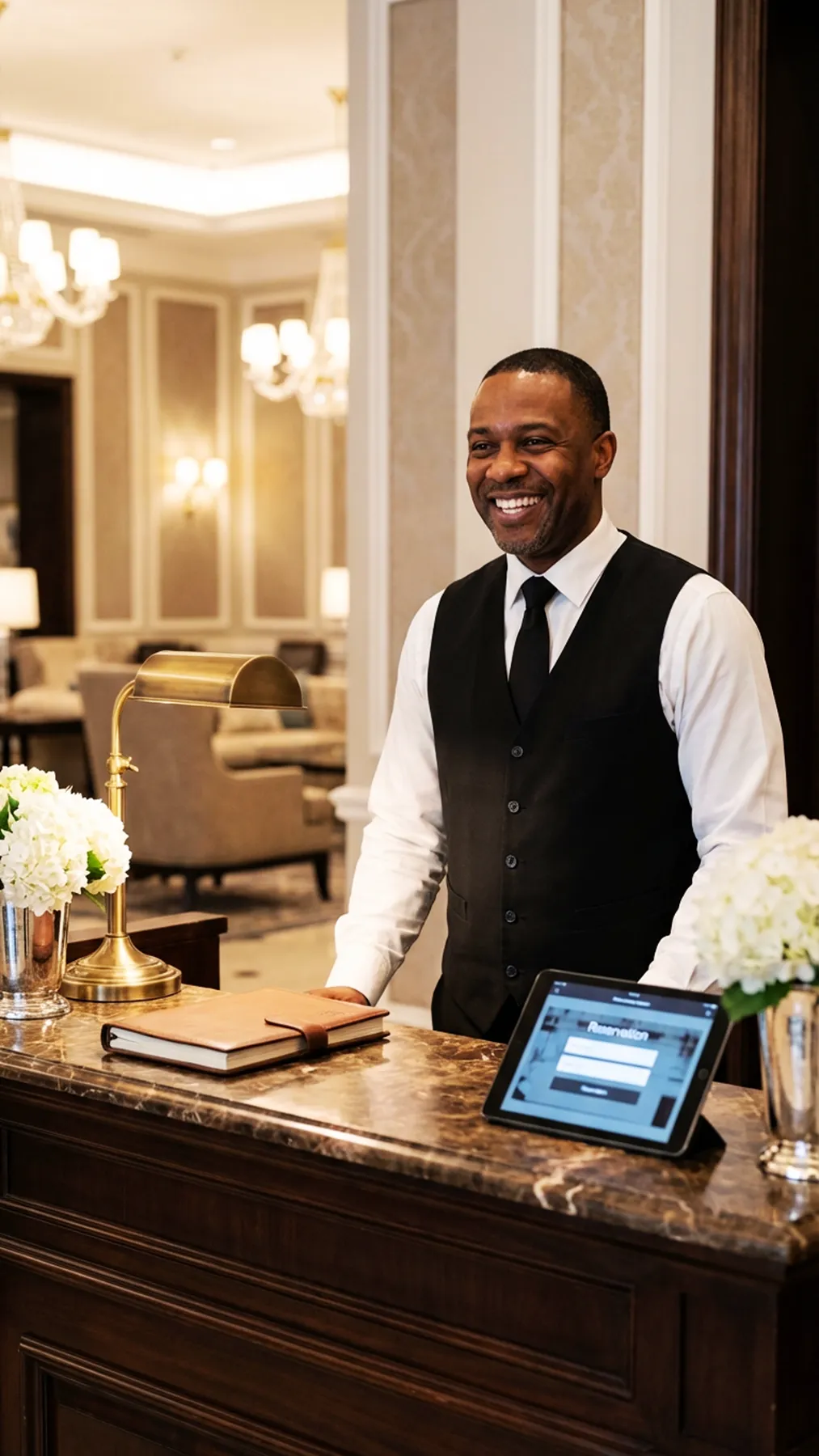 male-hotel-concierge-marble-desk-hydrangeas-reservation-tablet-hmg-plus. A smiling male hotel concierge in a black vest standing at a marble reception desk with white hydrangeas and a reservation tablet.