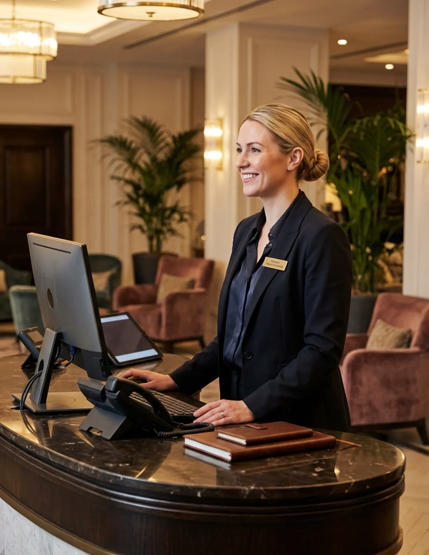 hotel-front-desk-associate-marble-reception-lobby-hmg-plus. Hotel front desk associate smiling while assisting a guest at a reception desk in an upscale hotel lobby