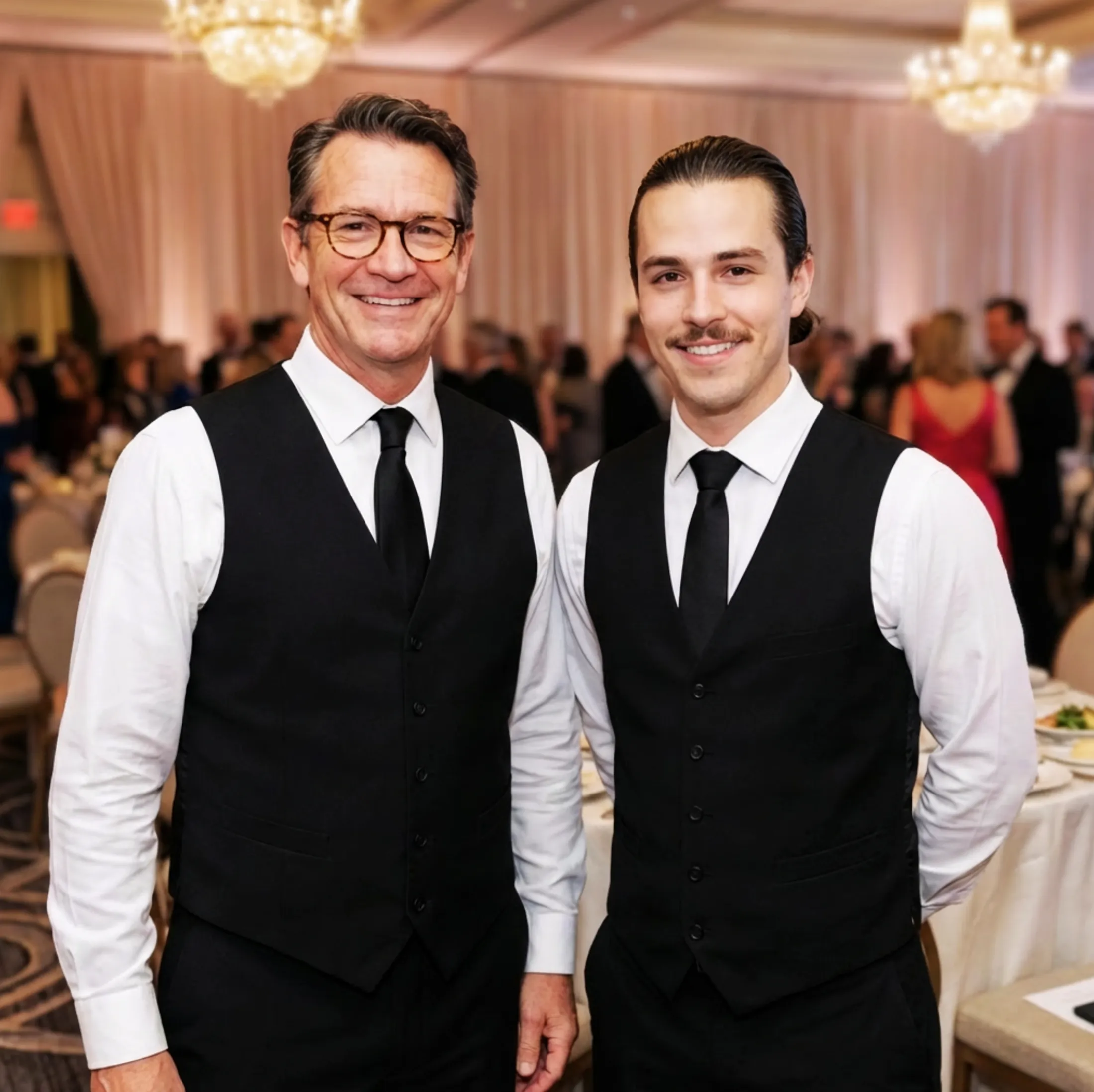 two-male-event-staff-ballroom-black-vest-hmg-plus. Two professional event servers standing together in uniform at a formal banquet reception venue