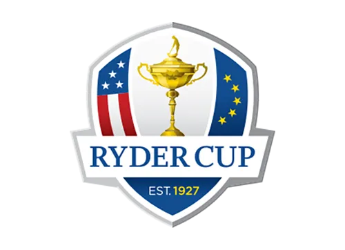 Ryder Cup logo featuring a gold trophy on a shield with American and European flags and "Est. 1927" text.