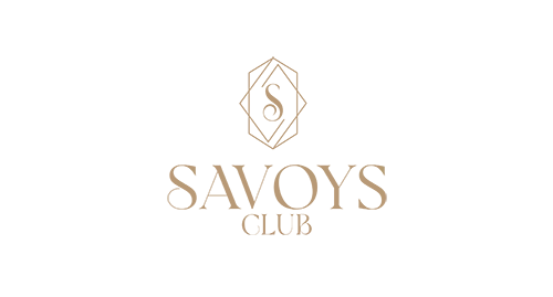 Savoys Club logo featuring a gold geometric diamond monogram above the wordmark on a transparent background.