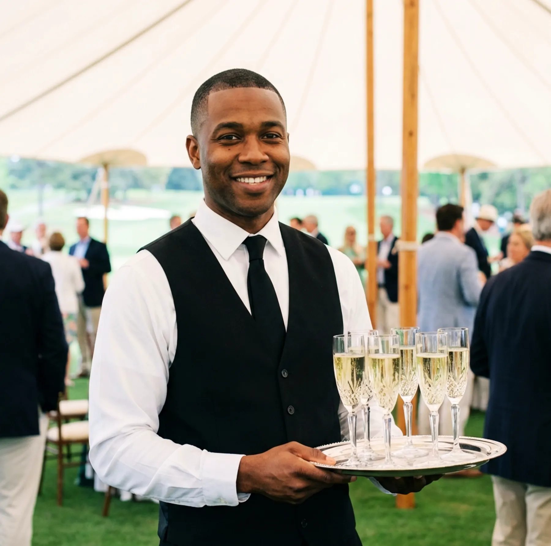 event-server-champagne-tray-outdoor-tent-garden-party-hmg-plus. A smiling male event server holding a silver tray of champagne flutes inside a tent at an outdoor garden party.