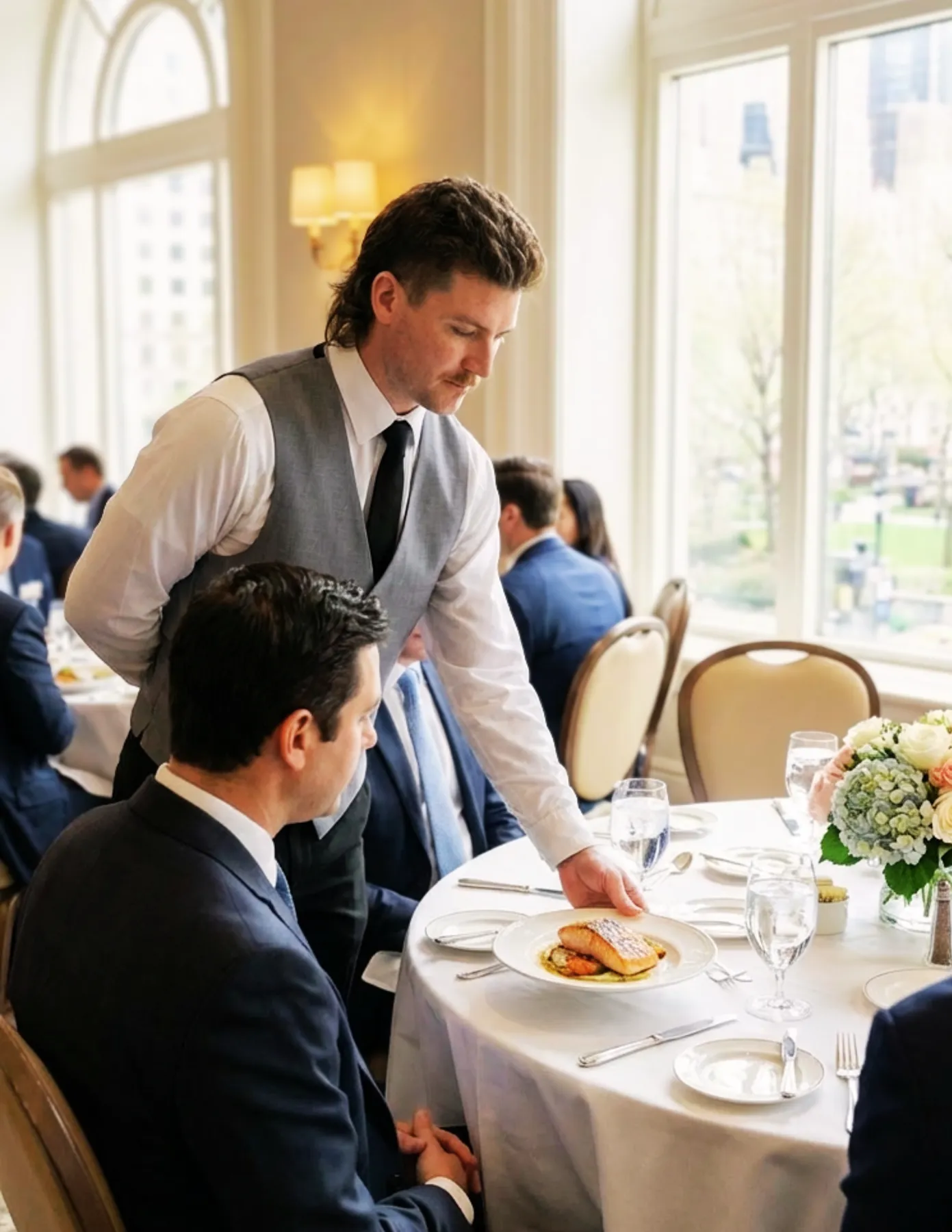 server-plating-entree-formal-luncheon-dining-room-hmg-plus. Waiter presenting a plated entrée to a seated guest at a formal banquet or corporate event