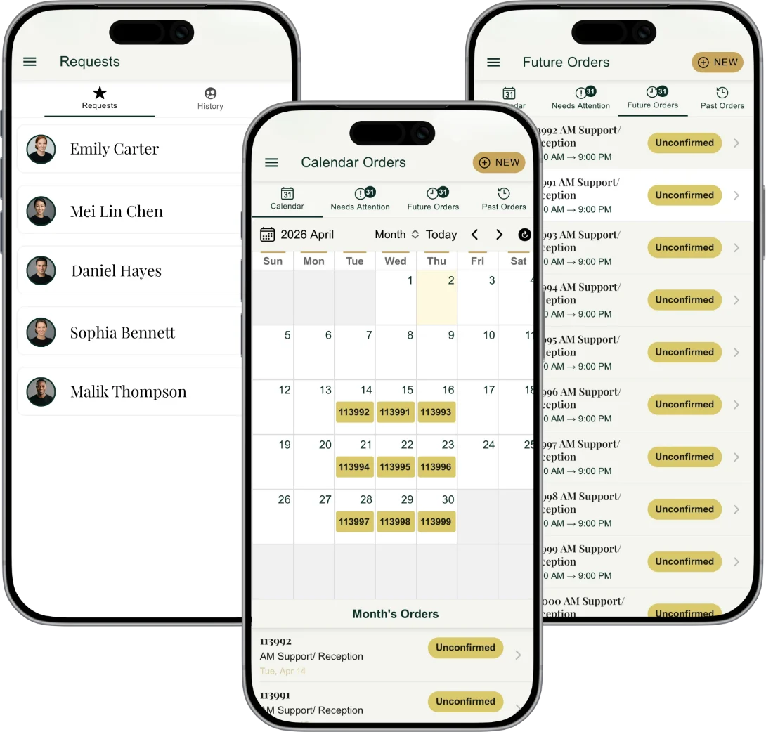 hospitality-staff-scheduling-app-showing-requests-calendar-and-future-orders Three smartphone screens displaying a hospitality workforce management app, showing a staff requests list, a calendar orders view for April 2026, and a future orders panel with unconfirmed shift listings.